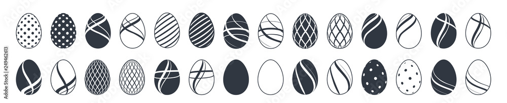 Easter egg icons. Black eggs set, isolated white background. Simple design, decoration Happy Easter. Holiday decorative elements collection. Cute pattern ornament. Spring symbol. Vector illustration Easter egg icons. Black eggs set, isolated white background. Simple design, decoration Happy Easter. Holiday decorative elements collection. Cute pattern ornament. Spring symbol. Vector illustration