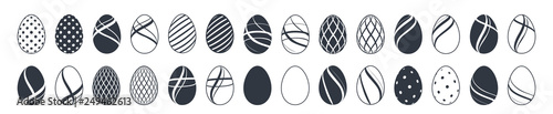 Easter egg icons. Black eggs set, isolated white background. Simple design, decoration Happy Easter. Holiday decorative elements collection. Cute pattern ornament. Spring symbol. Vector illustration