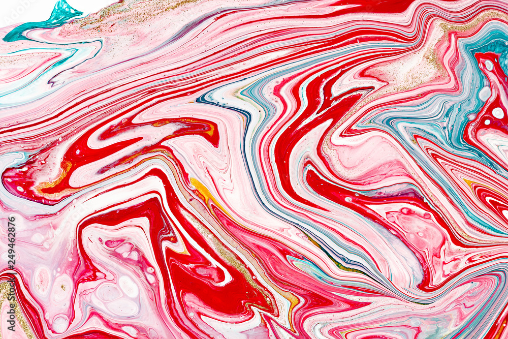 Obraz premium Hand painted backgrounds. Pink, white and yellow mixed acrylic paints. Liquid marble texture. Applicable for design packaging, labels, business cards, placard, covers, textile and decor interior