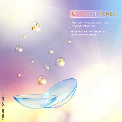 Best blue contact lens for your eye color. Awesome medical illustration of health drops over violet science background and text place at the top of image. Vector illustration.