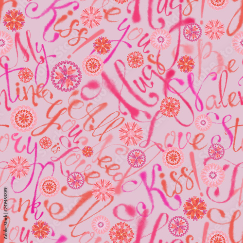 Valentine Slogans and Heart Flowers Seamless Pattern. Continuous Design for Background, Print, Wallpaper, Textile, and Gift Wrap