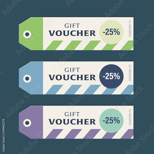 Colorful paper gift vouchers, tags with sale discount percent.