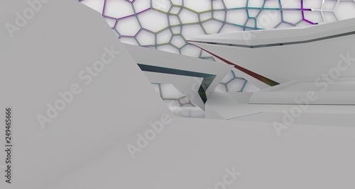 Abstract white and colored gradient glasses interior multilevel public space with window. 3D illustration and rendering.