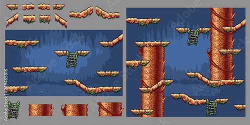 platform forest tree game pixel art graphics kit, vector illustration