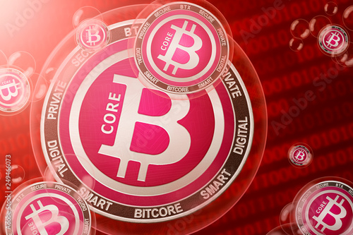 Bitcore crash; Bitcore (BTX) coins in a bubbles on the binary code background. Close-up. photo