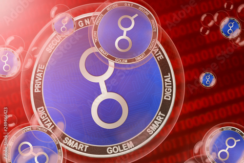 Golem crash; Golem (GNT) coins in a bubbles on the binary code background. Close-up. 