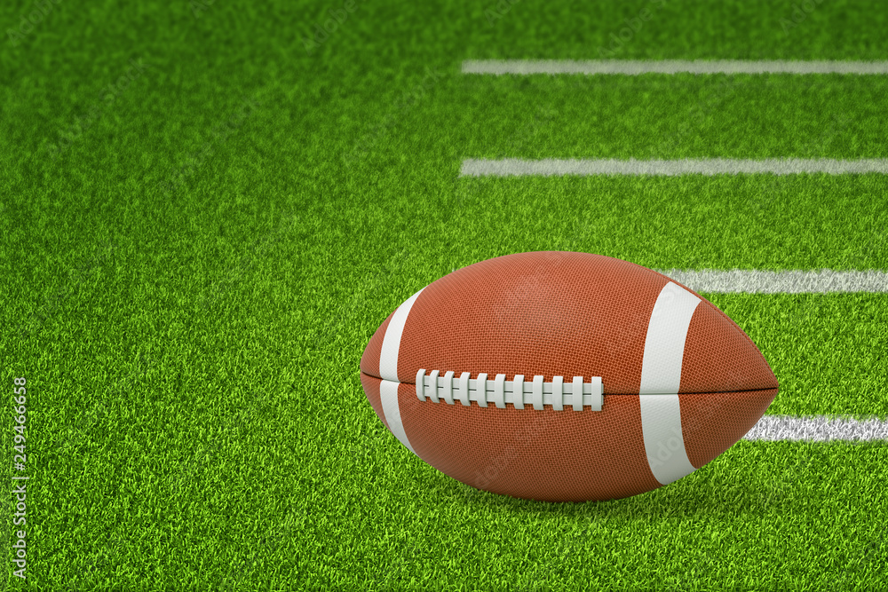 3d rendering of a ball for American football lying on green pitch grass with white lines on the right and with copy space on the left. 3d rendering of a ball for American football lying on green pitch grass with white lines on the right and with copy space on the left.