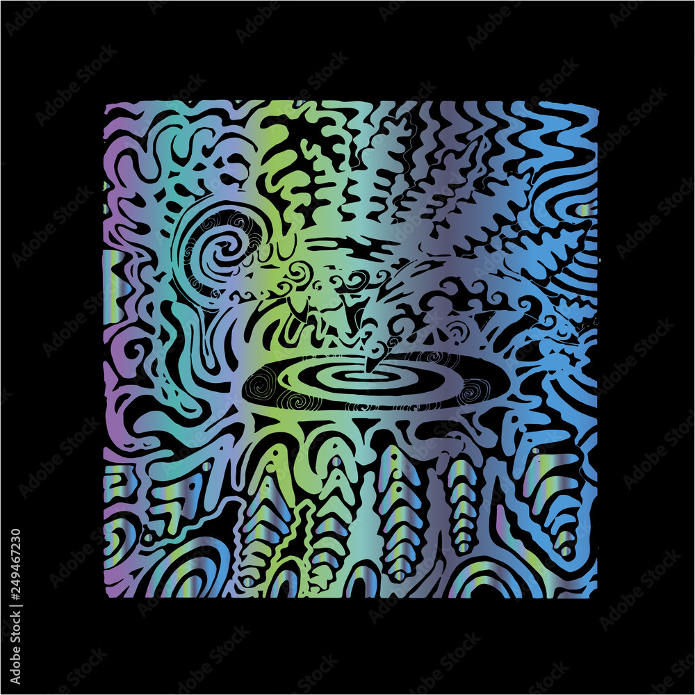 Color neon illustration of dolphins on psychedelic background. T-shirt print good idea.