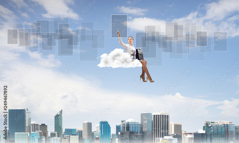 Elegant lady boss or accountant float on cloud and pointing with finger Elegant lady boss or accountant float on cloud and pointing with finger