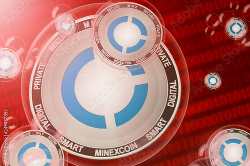 MinexCoin crash; Minexcoin (MNX) coins in a bubbles on the binary code background. Close-up. photo