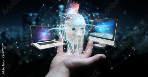 Fotografia Businessman using white humanoid controlling modern devices 3D rendering