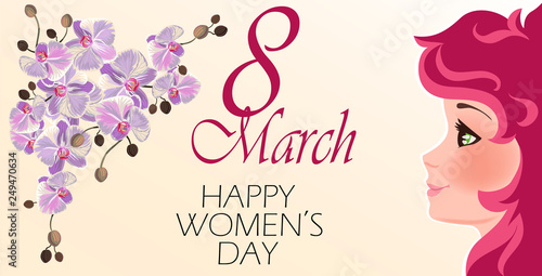 greeting card with 8 March. international women day. girl with orchids
