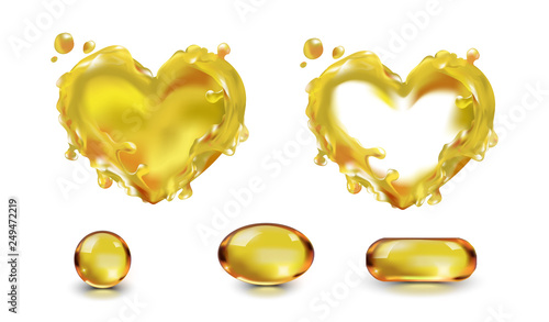Oil splash drop capsule vector isolated on white background with transparency. The wave of the oil liquid heart yellow. Vegetable, olive, machine. Food, cosmetology, medicine, industry. Fish oil