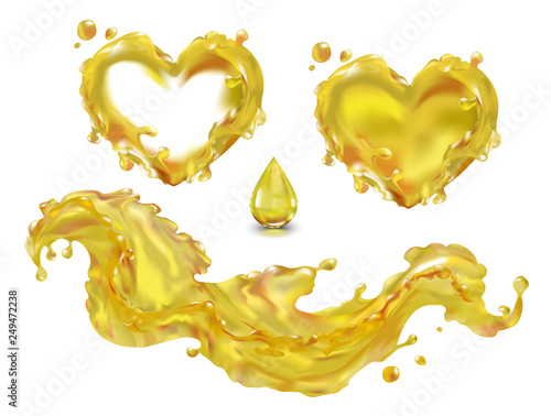 Oil splash drop capsule vector isolated on white background with transparency. The wave of the oil liquid heart yellow. Vegetable, olive, machine. Food, cosmetology, medicine, industry. Fish oil