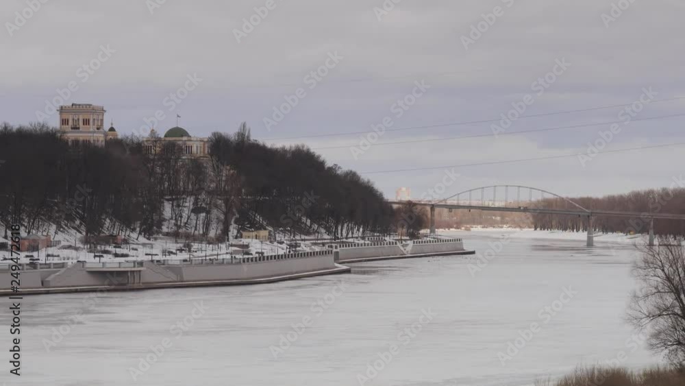 GOMEL, BELARUS - FEBRUARY 13, 2019: Beautiful embankment of the river Sozh in winter. GOMEL, BELARUS - FEBRUARY 13, 2019: Beautiful embankment of the river Sozh in winter.