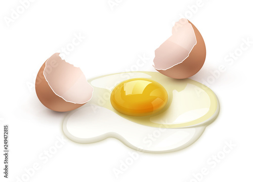 Vector illustration close up of cracked hen egg with brown eggshell on background