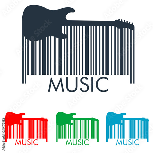 Icono plano código de barras con texto MUSIC con guitarra eléctrica en varios colores