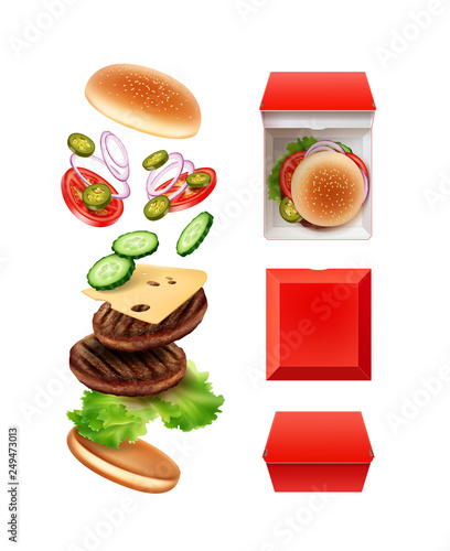 Vector illustration of flying large double cheeseburger in exploded view with red box, isolated on white background