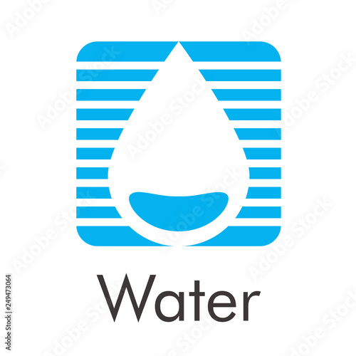 Logotipo abstracto con texto Water con cuadrado color azul con gota en espacio negativo