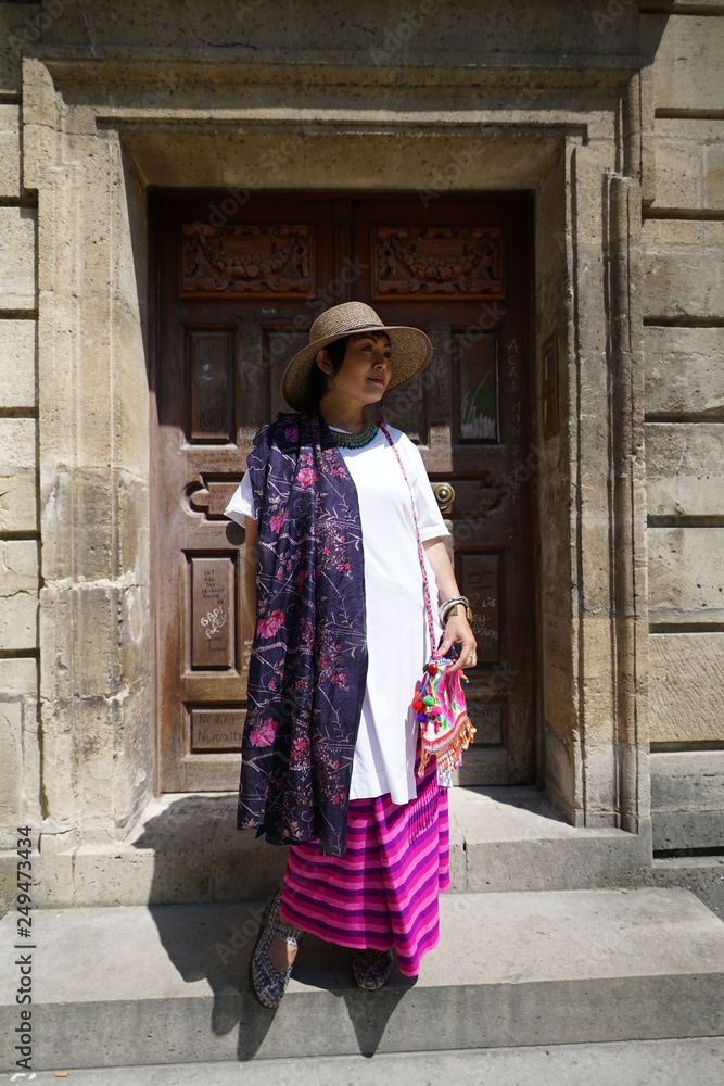 Fototapeta premium Femme posant devant une porte ancienne de l'hôtel de Sully à Paris