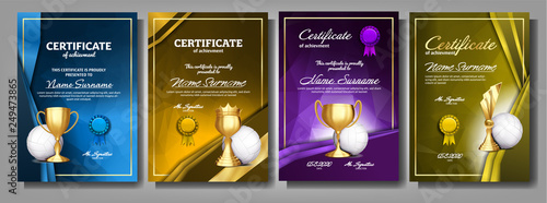 Volleyball Game Certificate Diploma With Golden Cup Set Vector. Sport Award Template. Achievement Design. Honor Background. Elegant Document. Champion. Best Prize. Winner Trophy. Template Illustration