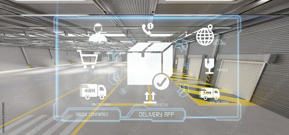 Logistic delivery service application on a warehouse background 3d rendering