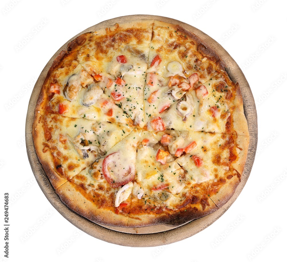 Top view of homemade seafood pizza on wooden plate isolate on white Top view of homemade seafood pizza on wooden plate isolate on white