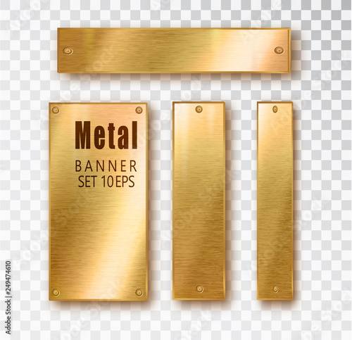 Metal gold vertical banners set realistic. Vector Metal brushed plates with a place for inscriptions isolated on transparent background. Realistic 3D design. Stainless steel background.