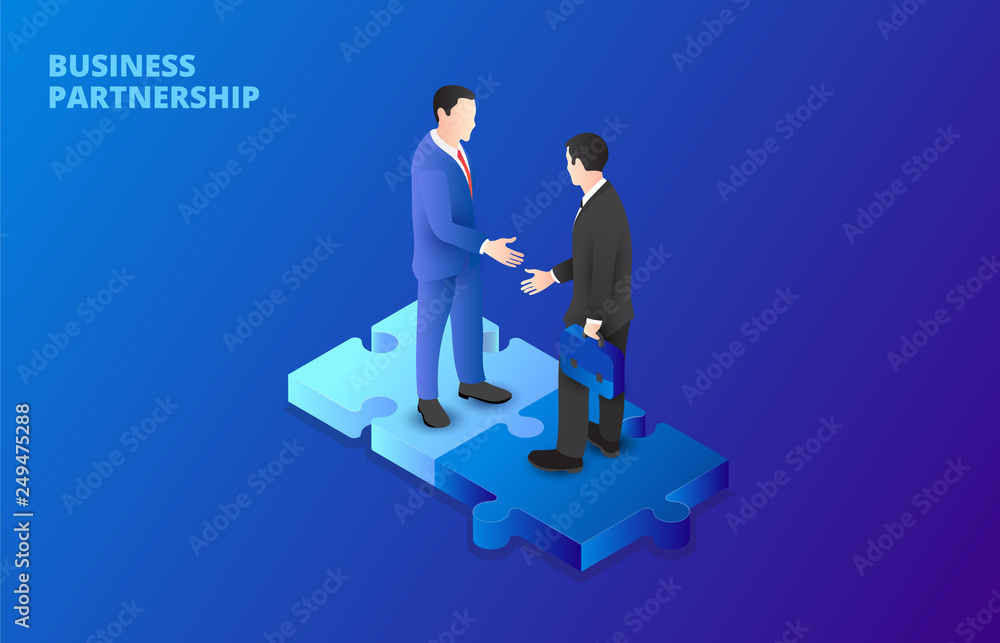 Businessman handshake on puzzle. Partnership concept. Isometric vector illustration Businessman handshake on puzzle. Partnership concept. Isometric vector illustration