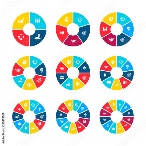 Circle infographics with 4, 5, 6, 7, 8, 9, 10, 11 and 12 steps, options or parts. Business concept for presentation