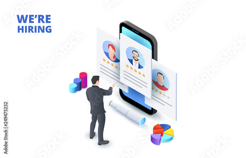 Recruit resources, choice and research. Isometric illustration. Infographic for recruiting