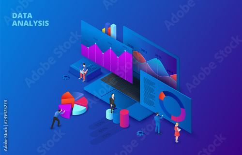 Isometric vector illustration. Data analysis concept with characters. Can use for web banner or infographics