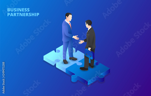 Businessman handshake on puzzle. Partnership concept. Isometric vector illustration