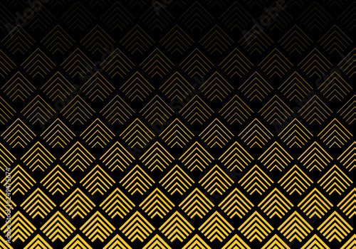 Abstract gold color chevron lines pattern on black background. Geometric tracery.
