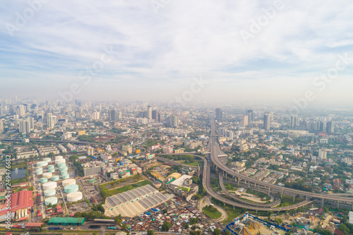 Fototapeta Naklejka Na Ścianę i Meble -  Aerial view Bangkok building morning with air pollution PM 2.5