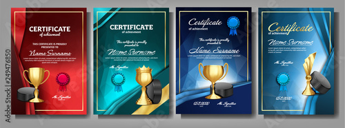 Ice Hockey Game Certificate Diploma With Golden Cup Set Vector. Sport Award Template. Achievement Design. Honor Background. Champion. Best Prize. Winner Trophy. Banner Template Illustration