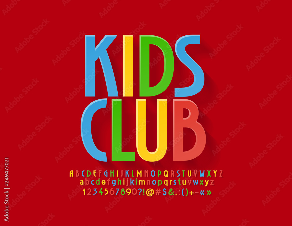 Vector colorful logotype Kids Club with Flat Font. Bright Alphabet Letters, Numbers and Symbols