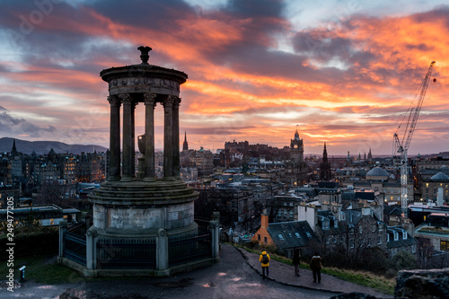 view from Carlton Hill over Edinburgh with Dugald Stewart Monument at sunset © schame87