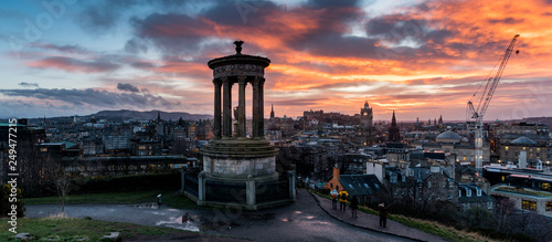 view from Carlton Hill over Edinburgh with Dugald Stewart Monument at sunset