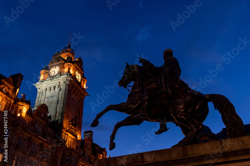 The Balmoral with rider statue at blue hour in Edinburgh