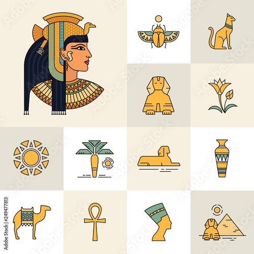 Icon set with an illustration of an Egyptian goddess, Egyptian queen or Egyptian woman. Isolated on white background set of icons and illustrations related to Egypt.