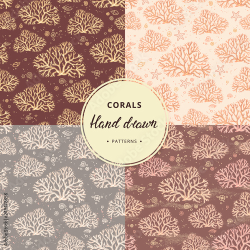 A hand-drawn collection of coral and sea seamless patterns with additional elements in various colors. Marine seamless corals patterns with corals.