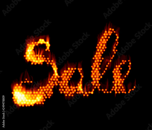 SALE word made of fire in hot sparkly design on black background