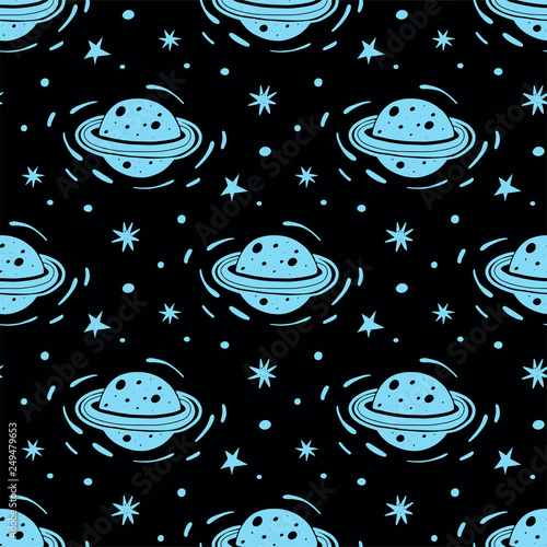 Vector seamless pattern with planets and stars on a dark background. Cosmos theme