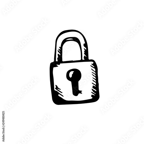 Icon black Hand drawn Simple outline Locked padlock Symbol. vector Illustrator. on white background