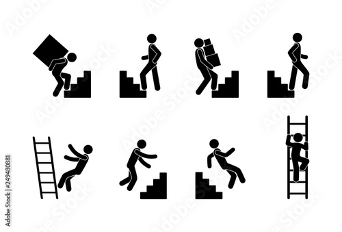 icon man walks up and down stairs, set of people silhouettes, stick figure human pictogram, man carries cargo upstairs