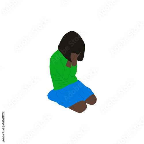Dark skinned child, girl, teen, teenager sitting crying sad frustrated. Vector flat illustration. Colored image, white background.