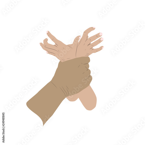 Violence against children. Flat colors design vector illustration. Man's hand holding kid's hands. White background.