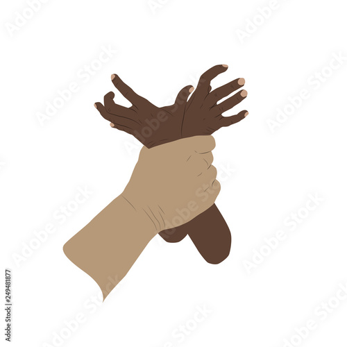 Violence against children. Flat colors design vector illustration. Man's hand holding black, dark skinned kid's hands. White background.