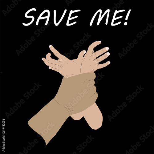 Save me poster. Violence against children. Flat colors design vector illustration. Man's hand holding kid's hands. Black background.